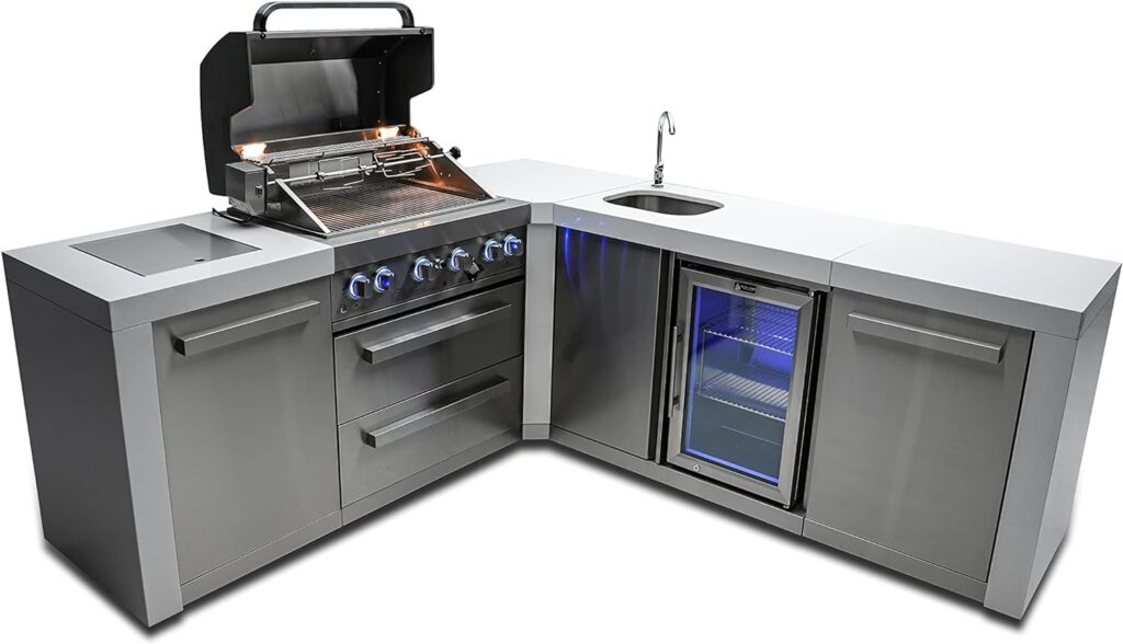 Mont Alpi MAi400-D90BEV 32-Inch 4-Burner 78000 BTU 90 Degree Corner Deluxe Stainless Steel Gas Outdoor Kitchen Barbecue Gas Island Grill w/Wine Cooler Beverage Center Refrigerator + Faucet  Sink