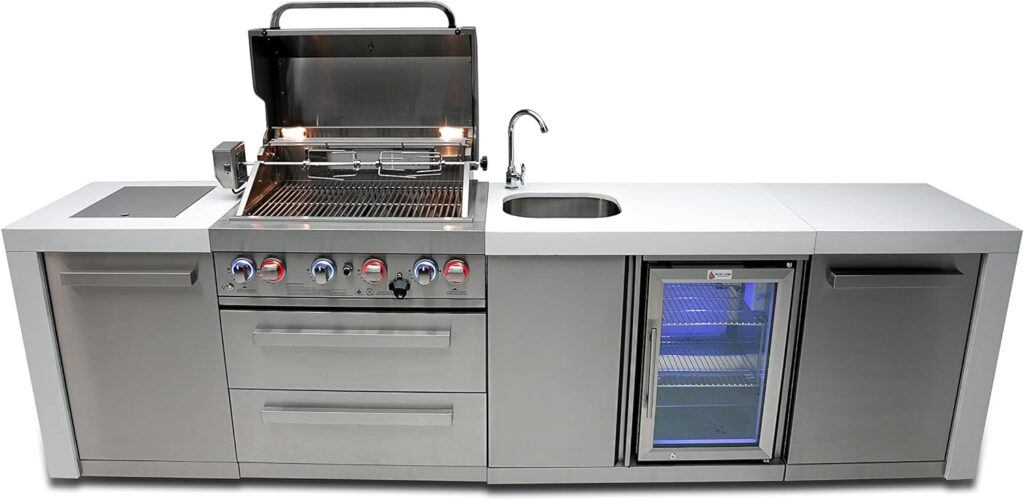 Mont Alpi MAi400-DBEV 32-Inch 4-Burner 78000 BTU Deluxe Stainless Steel Gas Outdoor Kitchen Barbecue Gas Island Grill w/Compact Lockable Refrigerator + Infrared Side Burner + Granite Countertops