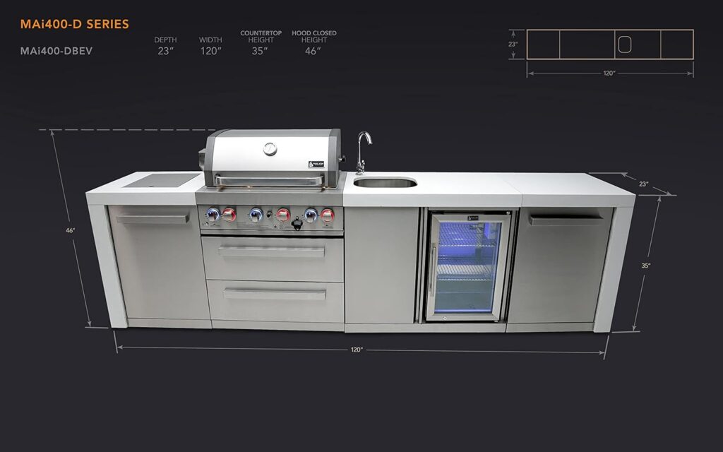 Mont Alpi MAi400-DBEV 32-Inch 4-Burner 78000 BTU Deluxe Stainless Steel Gas Outdoor Kitchen Barbecue Gas Island Grill w/Compact Lockable Refrigerator + Infrared Side Burner + Granite Countertops