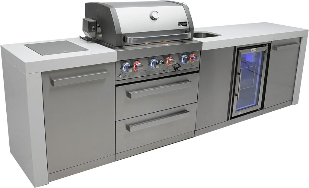 Mont Alpi MAi400-DBEV 32-Inch 4-Burner 78000 BTU Deluxe Stainless Steel Gas Outdoor Kitchen Barbecue Gas Island Grill w/Compact Lockable Refrigerator + Infrared Side Burner + Granite Countertops