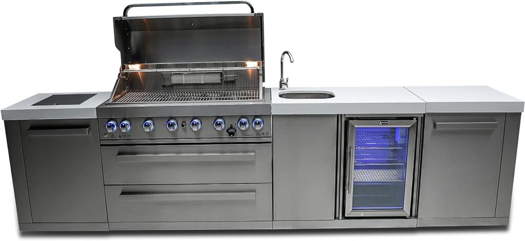 Mont Alpi MAi805-BEV 44-inch 6-Burner 115000 BTU Stainless Steel Outdoor Kitchen Bar Gas Barbecue Island Grill w/Wine Cooler Beverage Center Refrigerator + Granite Countertops  Infrared Side Burner