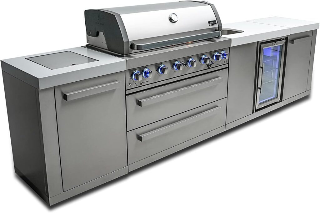 Mont Alpi MAi805-BEV 44-inch 6-Burner 115000 BTU Stainless Steel Outdoor Kitchen Bar Gas Barbecue Island Grill w/Wine Cooler Beverage Center Refrigerator + Granite Countertops  Infrared Side Burner