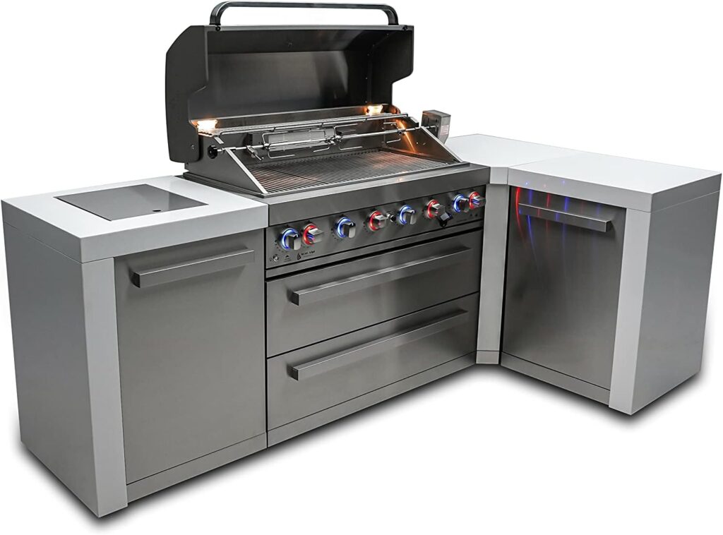 Mont Alpi MAi805-D90 44-inch 6-Burner 115000 BTU 90 Degree Corner Deluxe Stainless Steel Gas Outdoor Kitchen Barbecue Island Grill + Infrared Side Burner + Granite Countertops + Storage Drawers