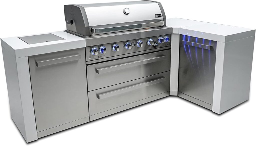 Mont Alpi MAi805-D90 44-inch 6-Burner 115000 BTU 90 Degree Corner Deluxe Stainless Steel Gas Outdoor Kitchen Barbecue Island Grill + Infrared Side Burner + Granite Countertops + Storage Drawers