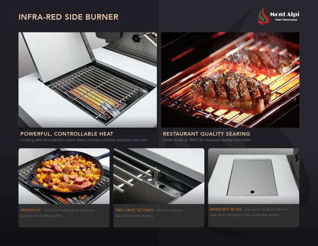 Mont Alpi MAi805-D90 44-inch 6-Burner 115000 BTU 90 Degree Corner Deluxe Stainless Steel Gas Outdoor Kitchen Barbecue Island Grill + Infrared Side Burner + Granite Countertops + Storage Drawers