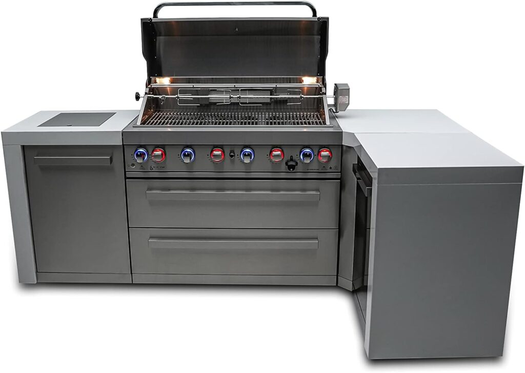 Mont Alpi MAi805-D90 44-inch 6-Burner 115000 BTU 90 Degree Corner Deluxe Stainless Steel Gas Outdoor Kitchen Barbecue Island Grill + Infrared Side Burner + Granite Countertops + Storage Drawers