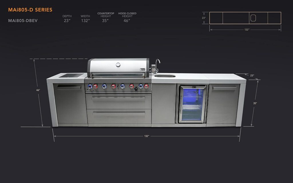 Mont Alpi MAi805-DBEV 44-inch 6 Burner 115000 BTU Deluxe Gas Outdoor Kitchen Island Barbecue Grill with Beverage Center + Infrared Side Burner Granite Countertops  Sides + Faucet  Sink Combo