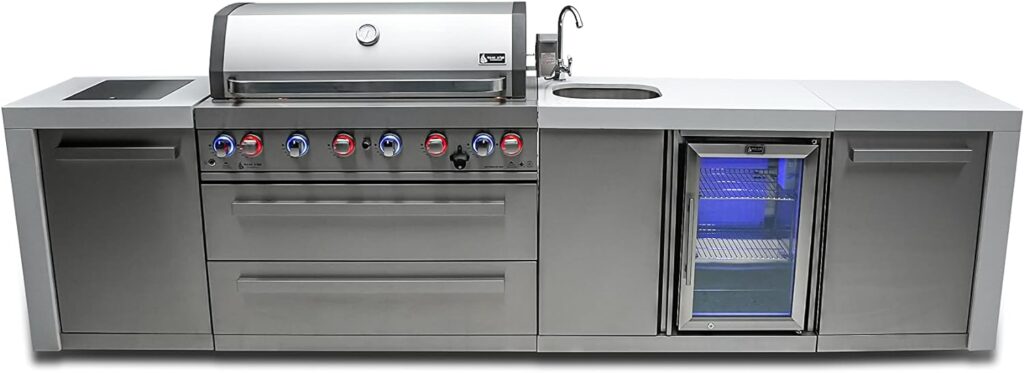 Mont Alpi MAi805-DBEV 44-inch 6 Burner 115000 BTU Deluxe Gas Outdoor Kitchen Island Barbecue Grill with Beverage Center + Infrared Side Burner Granite Countertops  Sides + Faucet  Sink Combo