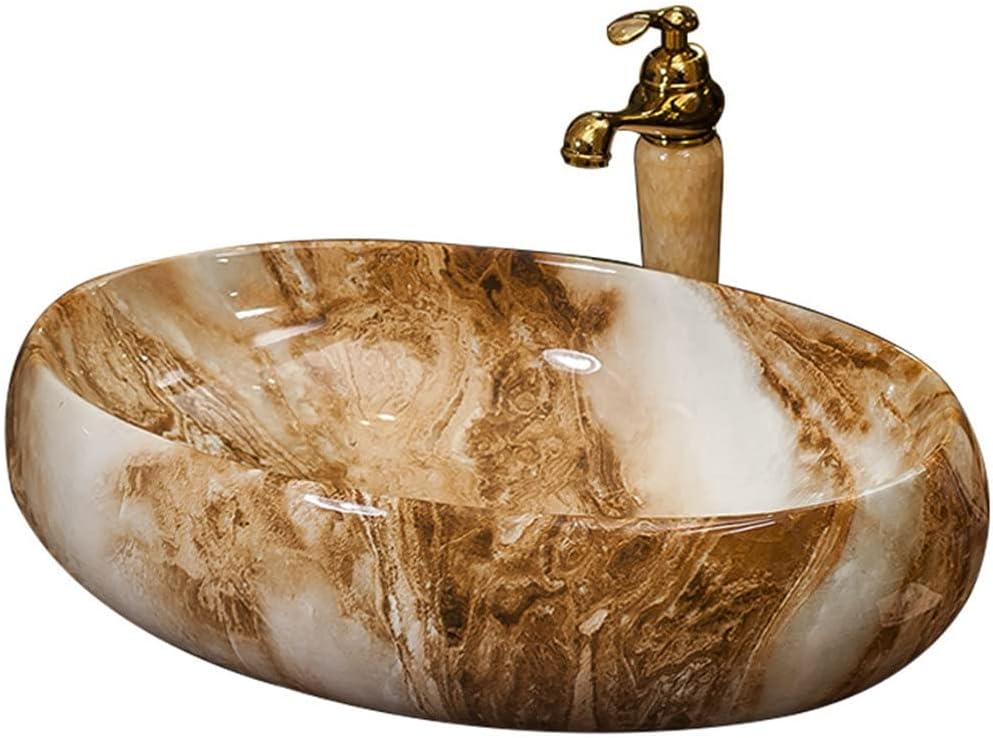 HNBFF Art Ceramic Washbasin Bathroom Sink Lavatory Sink for Bathroom Oval European Style Marble Countertop Basin Matching Set Drain