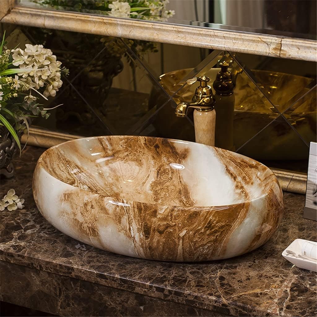 HNBFF Art Ceramic Washbasin Bathroom Sink Lavatory Sink for Bathroom Oval European Style Marble Countertop Basin Matching Set Drain