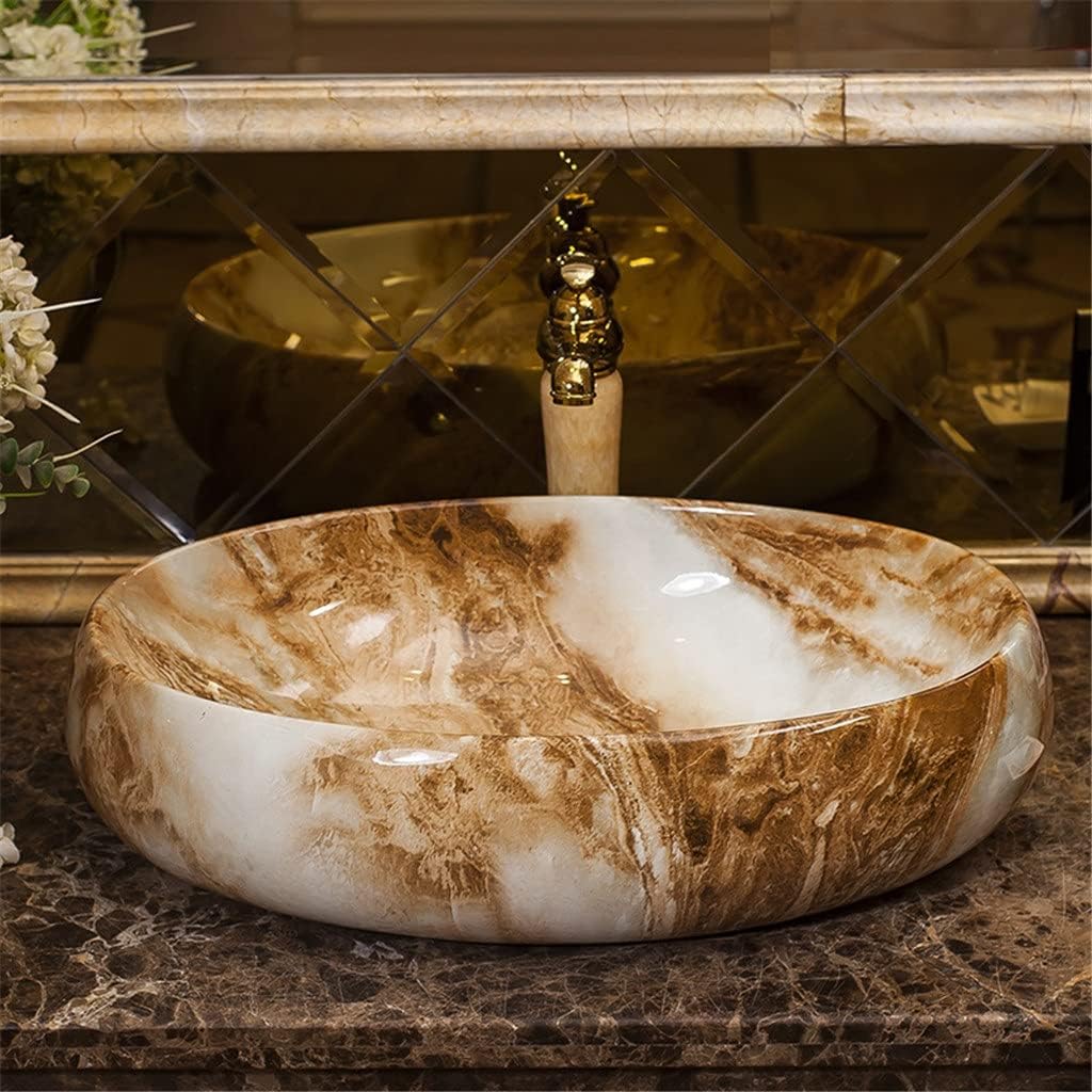 HNBFF Art Ceramic Washbasin Bathroom Sink Lavatory Sink for Bathroom Oval European Style Marble Countertop Basin Matching Set Drain
