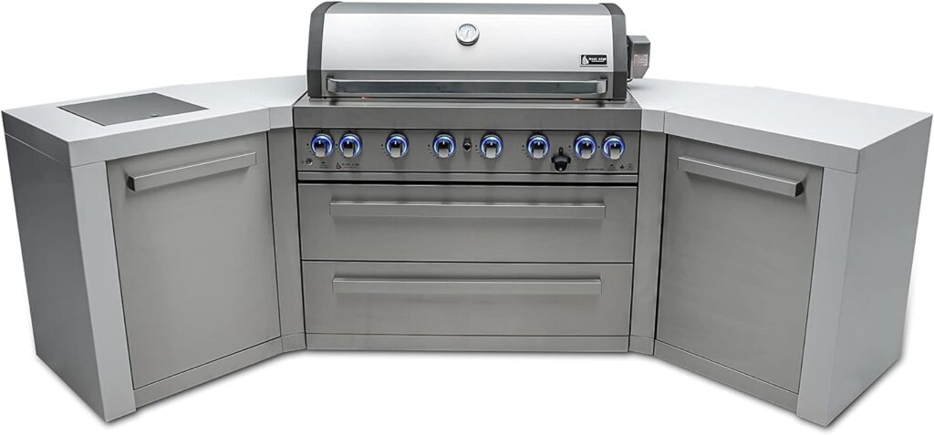 Mont Alpi 44-Inch MAi805-D45 Deluxe 45 Degree 6-Burner 115000 BTU Deluxe Stainless Steel Island Outdoor Kitchen Gas Barbecue Grill w/Granite Countertops  Sides + Storage Drawers  Cabinets