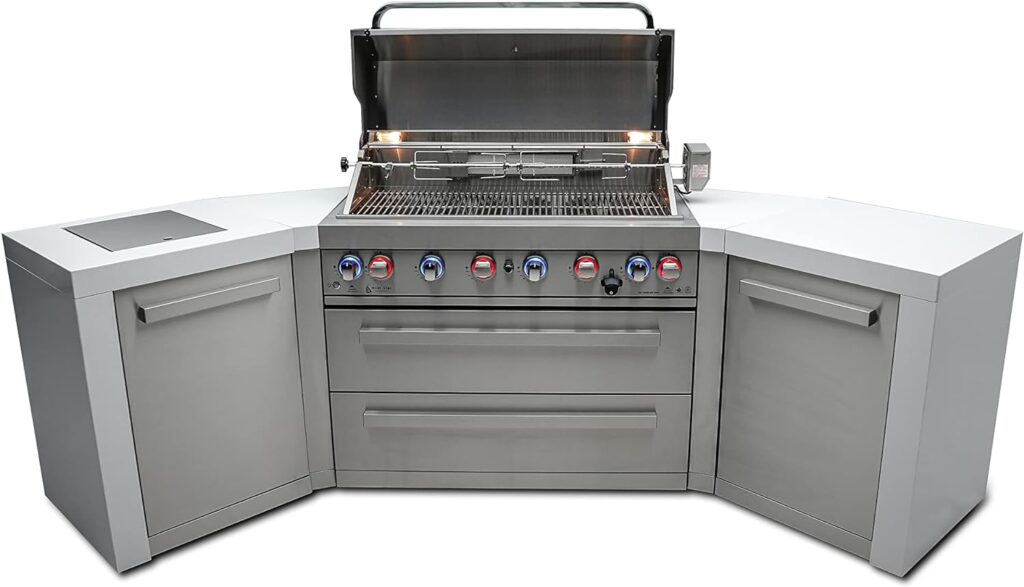 Mont Alpi 44-Inch MAi805-D45 Deluxe 45 Degree 6-Burner 115000 BTU Deluxe Stainless Steel Island Outdoor Kitchen Gas Barbecue Grill w/Granite Countertops  Sides + Storage Drawers  Cabinets