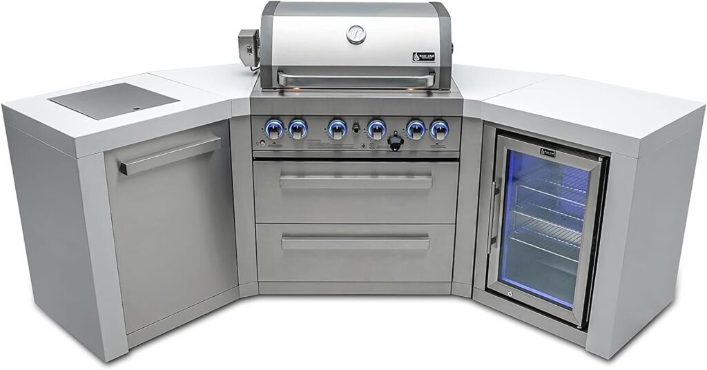 Mont Alpi MAi400-D45FC 32-Inch 4-Burner 63000 BTU 45-Degree Deluxe Stainless Steel Island Outdoor Kitchen Gas Barbecue Island Grill + Compact Refrigerator Wine Cooler + Infrared Side Burner