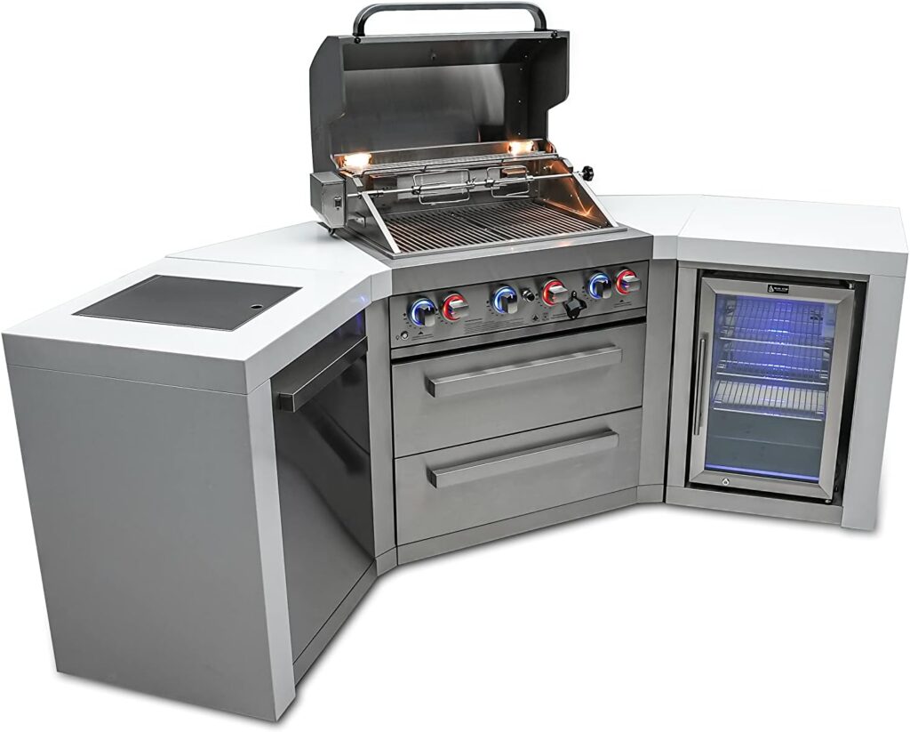 Mont Alpi MAi400-D45FC 32-Inch 4-Burner 63000 BTU 45-Degree Deluxe Stainless Steel Island Outdoor Kitchen Gas Barbecue Island Grill + Compact Refrigerator Wine Cooler + Infrared Side Burner