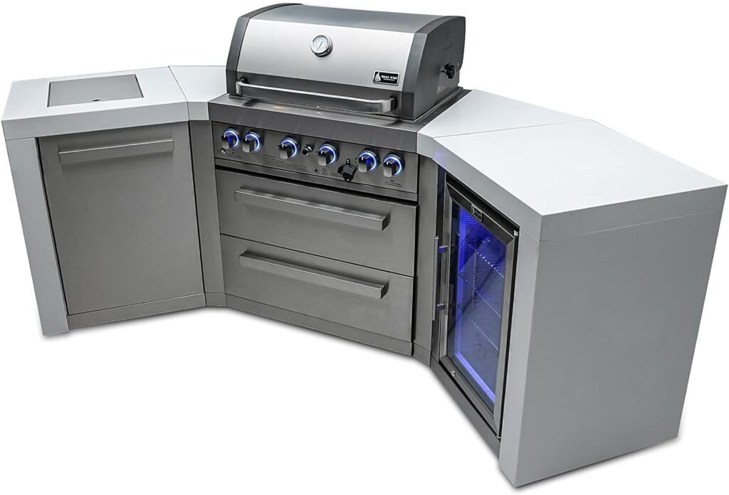 Mont Alpi MAi400-D45FC 32-Inch 4-Burner 63000 BTU 45-Degree Deluxe Stainless Steel Island Outdoor Kitchen Gas Barbecue Island Grill + Compact Refrigerator Wine Cooler + Infrared Side Burner