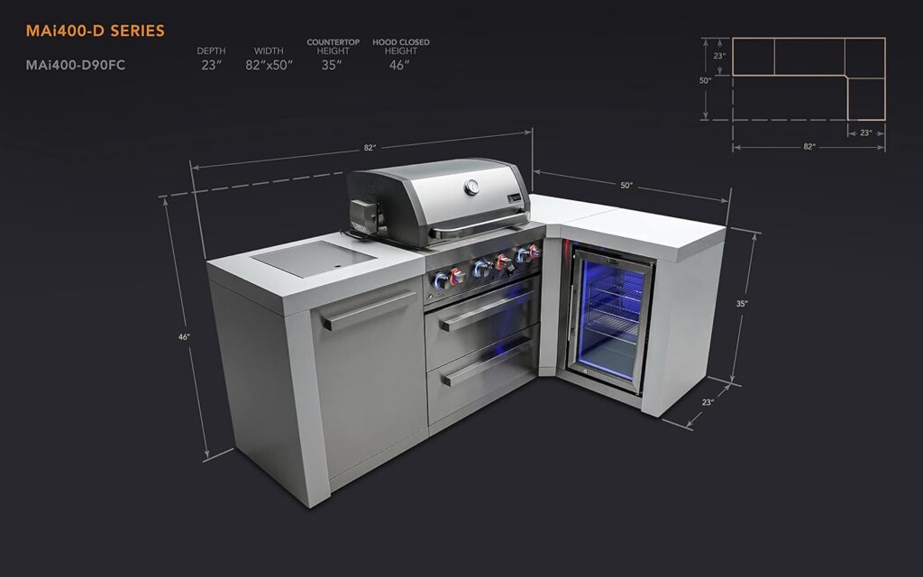 Mont Alpi MAi400-D90FC 32-Inch 4-Burner 78000 BTU 90 Degree Corner Stainless Steel Gas Outdoor Kitchen Barbecue Island Grill + Infrared Side Burner + Wine Cooler Beverage Center Compact Refrigerator