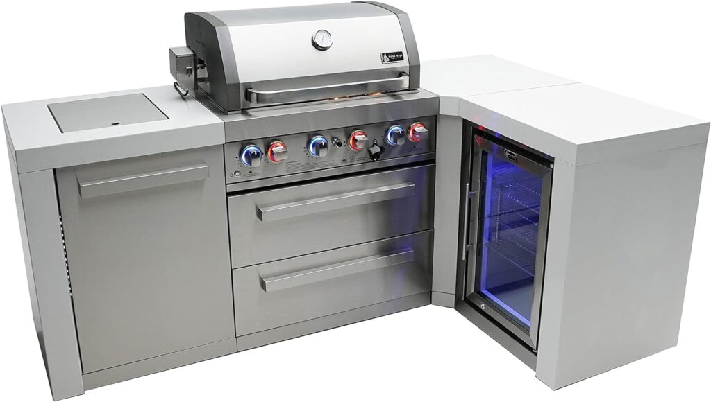 Mont Alpi MAi400-D90FC 32-Inch 4-Burner 78000 BTU 90 Degree Corner Stainless Steel Gas Outdoor Kitchen Barbecue Island Grill + Infrared Side Burner + Wine Cooler Beverage Center Compact Refrigerator