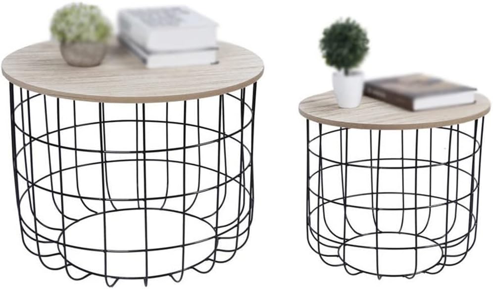 UXZDX 2pcs Living Room Storage Side Table Set Coffee Table with Metal Basket and Wood Tabletop