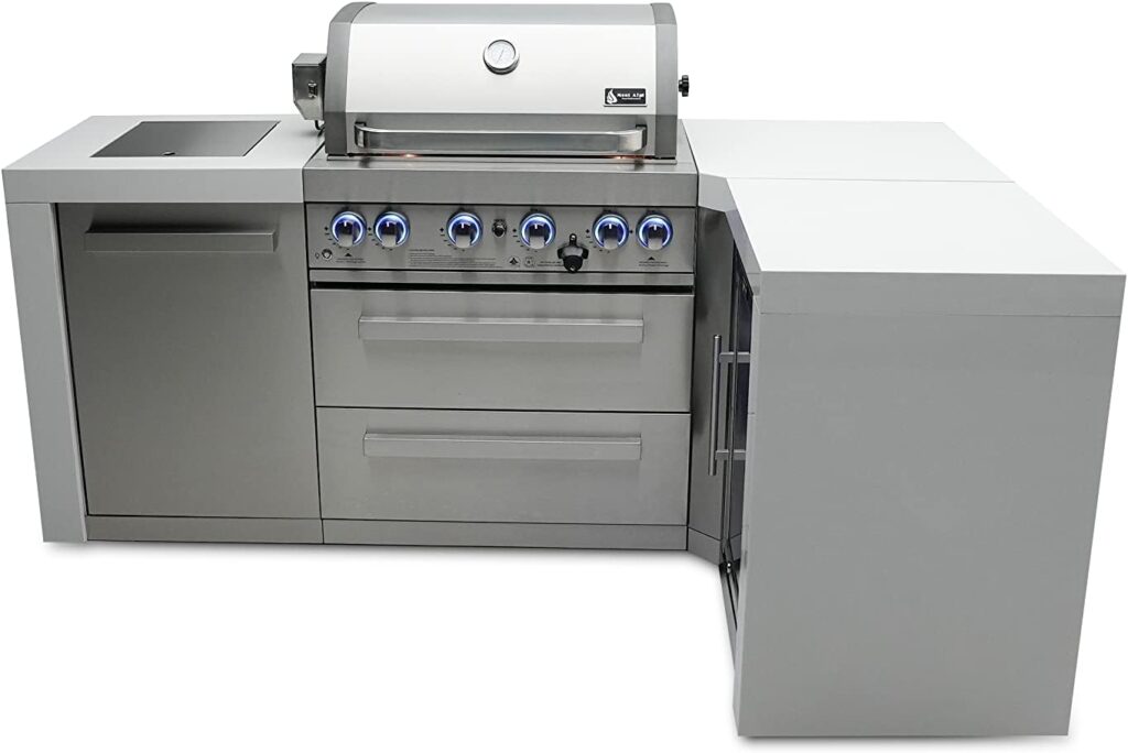 Mont Alpi MAi805-D90FC 44-inch 6-Burner 115000 BTU 90 Degree Corner Deluxe Stainless Steel Gas Outdoor Barbecue Island Grill w/Lockable Compact Refrigerator + Infrared Side Burner + Rotisserie Kit