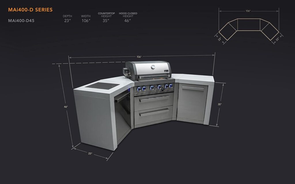 Mont Alpi MAi805-D90FC 44-inch 6-Burner 115000 BTU 90 Degree Corner Deluxe Stainless Steel Gas Outdoor Barbecue Island Grill w/Lockable Compact Refrigerator + Infrared Side Burner + Rotisserie Kit