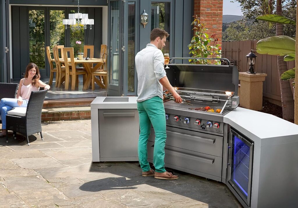 Mont Alpi MAi805-D90FC 44-inch 6-Burner 115000 BTU 90 Degree Corner Deluxe Stainless Steel Gas Outdoor Barbecue Island Grill w/Lockable Compact Refrigerator + Infrared Side Burner + Rotisserie Kit