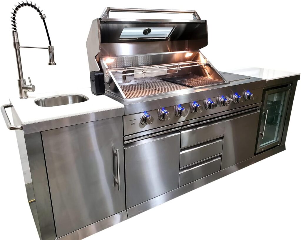 3 Piece Stainless Steel Outdoor Island BBQ Kitchen Grill with 6 Burners, Side Burner, Refrigerator, Sink, White Marble Top,