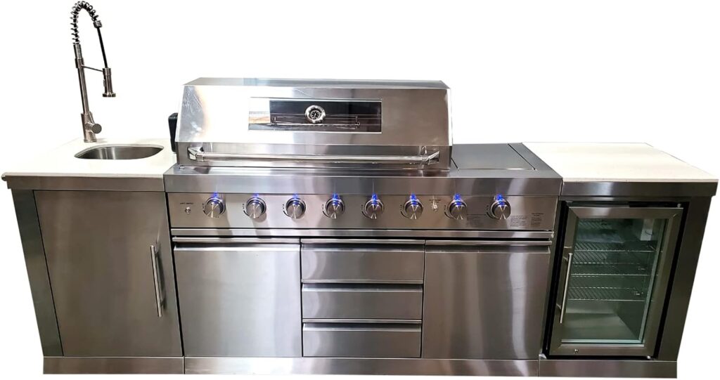 3 Piece Stainless Steel Outdoor Island BBQ Kitchen Grill with 6 Burners, Side Burner, Refrigerator, Sink, White Marble Top,