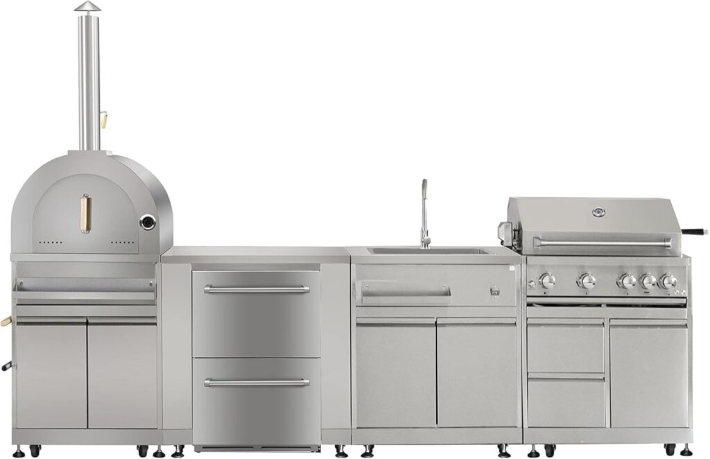 6 Piece Modular Outdoor Kitchen Suit, w/Pizza Oven, 4 Burner Natural Gas Grill, BBQ Grill Cabinet, 24 Fridge, Refrigerator Cabinet, Side Burner Cabinet (With Natural Gas Kit),SASS304-OKS6FN