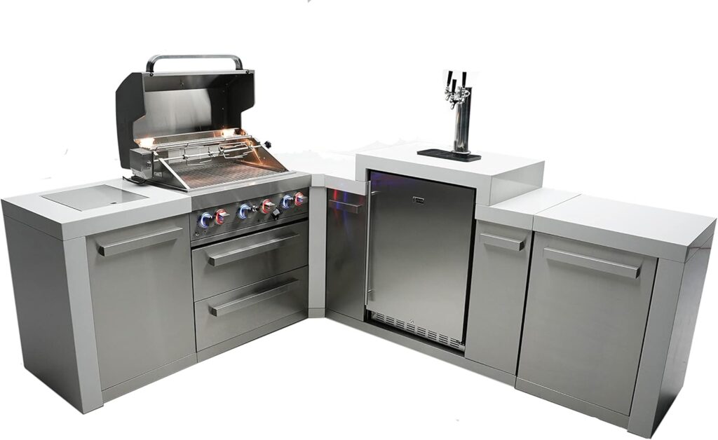 Mont Alpi MAi400-D90KEG 32-Inch 4-Burner 78000 BTU 90 Degree Corner Stainless Steel Gas Outdoor Kitchen Bar Barbecue Island Grill w/ 3 Beer Tap Kegerator Keg Center Refrigerator + Granite Countertops