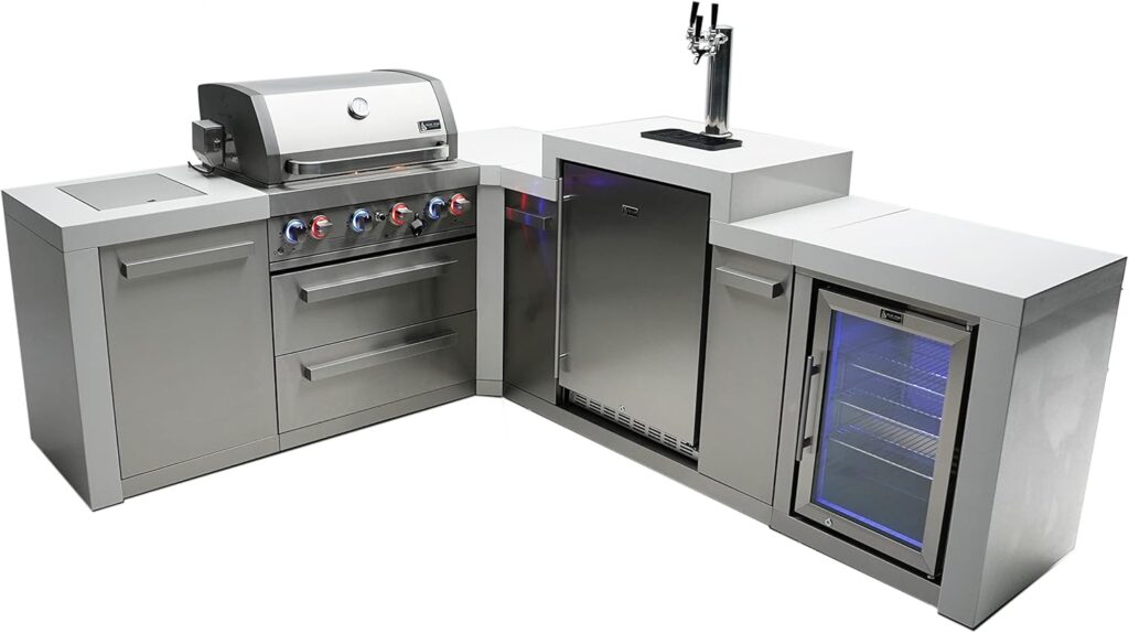 Mont Alpi MAi400-D90KEG 32-Inch 4-Burner 78000 BTU 90 Degree Corner Stainless Steel Gas Outdoor Kitchen Bar Barbecue Island Grill w/ 3 Beer Tap Kegerator Keg Center Refrigerator + Granite Countertops