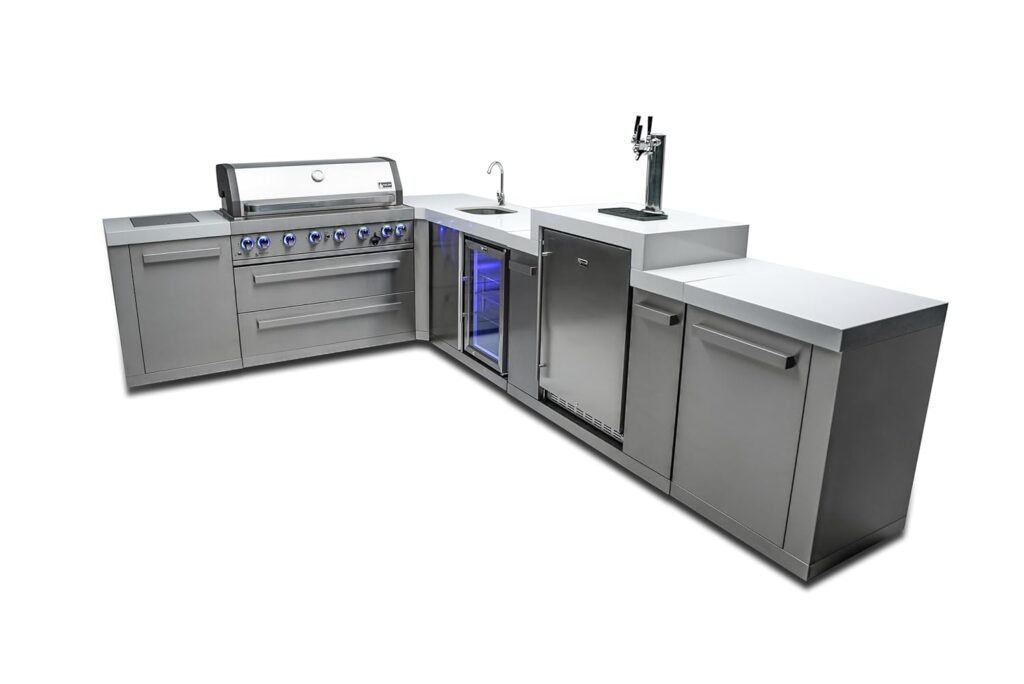 Mont Alpi MAi805-90KEGBEV 44-inch 6-Burner 115000 BTU 90 Degree Corner Deluxe Stainless Steel Gas Outdoor Kitchen Island Grill + Compact Refrigerator + 3 Beer Tap Keg Dispenser + Infrared Side Burner