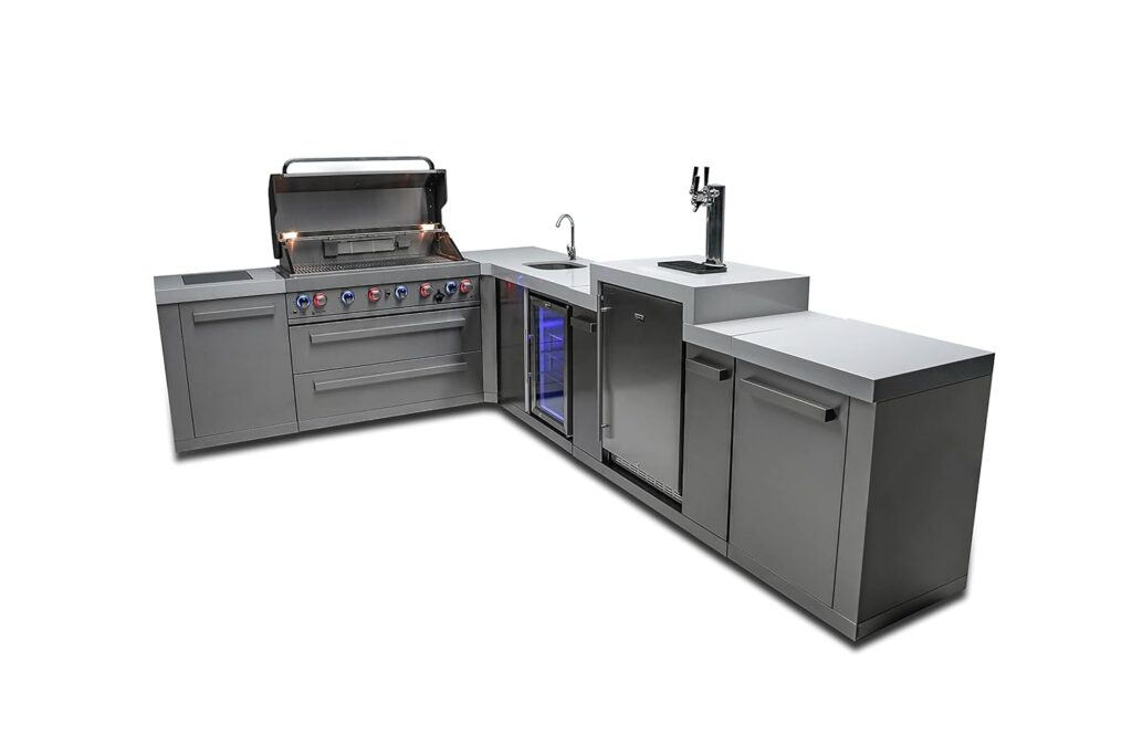 Mont Alpi MAi805-90KEGBEV 44-inch 6-Burner 115000 BTU 90 Degree Corner Deluxe Stainless Steel Gas Outdoor Kitchen Island Grill + Compact Refrigerator + 3 Beer Tap Keg Dispenser + Infrared Side Burner