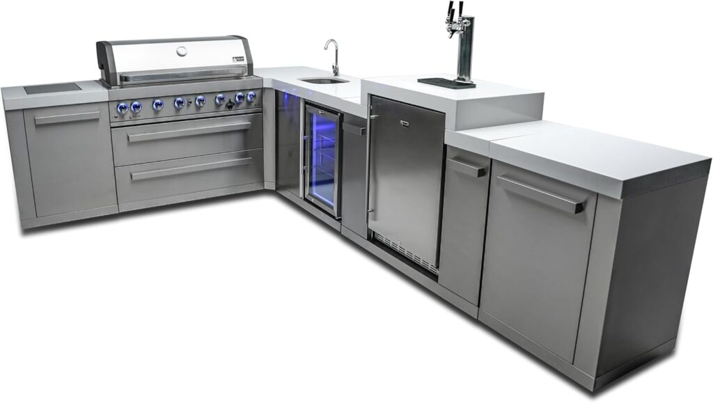 Mont Alpi MAi805-90KEGBEV 44-inch 6-Burner 115000 BTU 90 Degree Corner Deluxe Stainless Steel Gas Outdoor Kitchen Island Grill + Compact Refrigerator + 3 Beer Tap Keg Dispenser + Infrared Side Burner