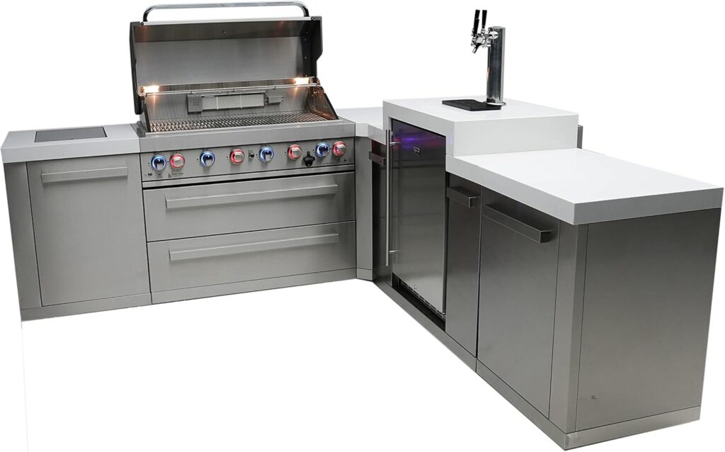 Mont Alpi MAi805-90KEGBEV 44-inch 6-Burner 115000 BTU 90 Degree Corner Deluxe Stainless Steel Gas Outdoor Kitchen Island Grill + Compact Refrigerator + 3 Beer Tap Keg Dispenser + Infrared Side Burner
