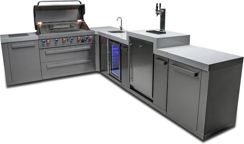 Mont Alpi MAi805-90KEGBEV 44-inch 6-Burner 115000 BTU 90 Degree Corner Deluxe Stainless Steel Gas Outdoor Kitchen Island Grill + Compact Refrigerator + 3 Beer Tap Keg Dispenser + Infrared Side Burner