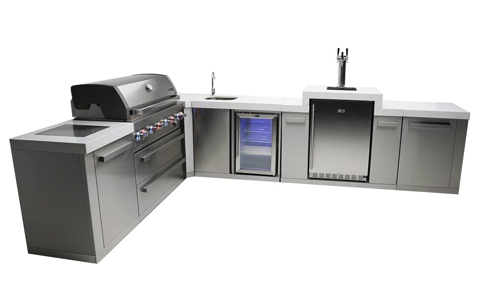 Mont Alpi MAi805-90KEGBEV 44-inch 6-Burner 115000 BTU 90 Degree Corner Deluxe Stainless Steel Gas Outdoor Kitchen Island Grill + Compact Refrigerator + 3 Beer Tap Keg Dispenser + Infrared Side Burner