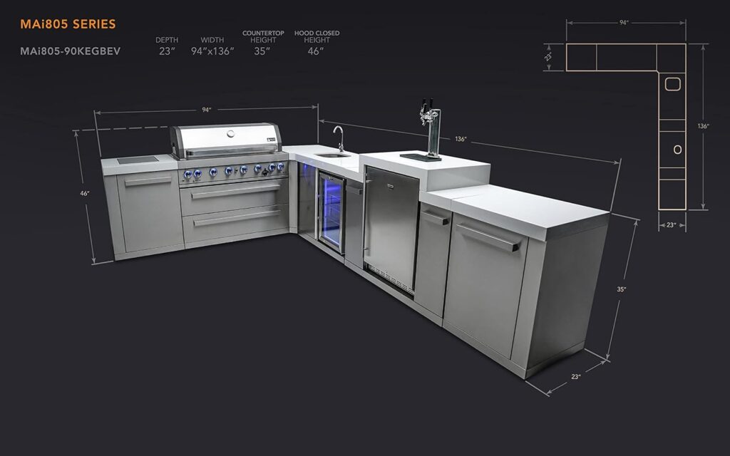 Mont Alpi MAi805-90KEGBEV 44-inch 6-Burner 115000 BTU 90 Degree Corner Deluxe Stainless Steel Gas Outdoor Kitchen Island Grill + Compact Refrigerator + 3 Beer Tap Keg Dispenser + Infrared Side Burner