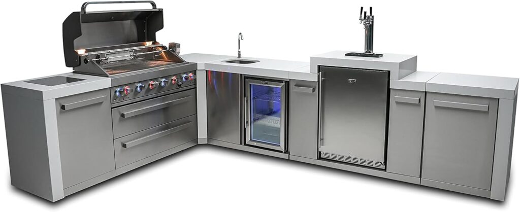 Mont Alpi MAi805-D90KEGBEV 44-inch 6-Burner 115000 BTU 90 Degree Corner Deluxe Stainless Steel Gas Outdoor Kitchen Island Grill + Compact Refrigerator + 3 Beer Tap Keg Dispenser + Infrared Side Burner