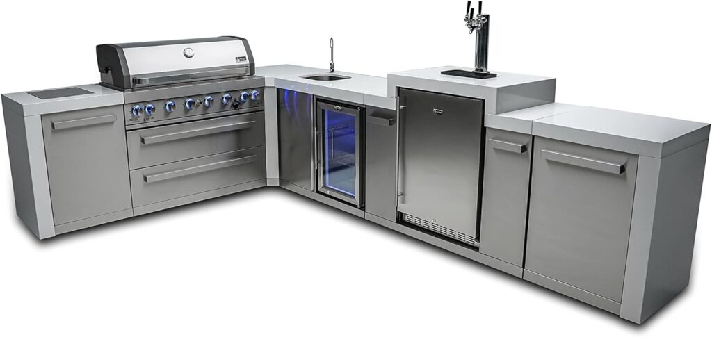 Mont Alpi MAi805-D90KEGBEV 44-inch 6-Burner 115000 BTU 90 Degree Corner Deluxe Stainless Steel Gas Outdoor Kitchen Island Grill + Compact Refrigerator + 3 Beer Tap Keg Dispenser + Infrared Side Burner