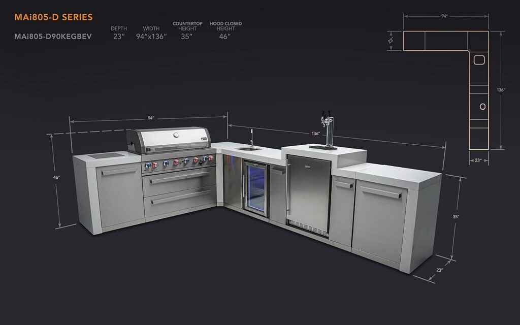 Mont Alpi MAi805-D90KEGBEV 44-inch 6-Burner 115000 BTU 90 Degree Corner Deluxe Stainless Steel Gas Outdoor Kitchen Island Grill + Compact Refrigerator + 3 Beer Tap Keg Dispenser + Infrared Side Burner