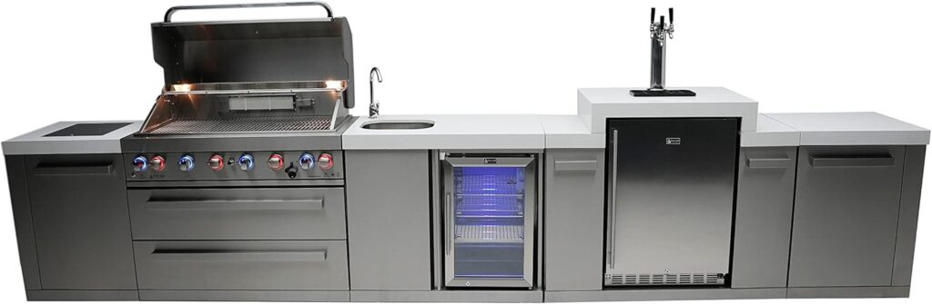 Mont Alpi MAi805-KEGBEV 44-inch 6-Burner 115000 BTU Stainless Steel Island Outdoor Kitchen Bar Gas Barbecue Island Grill Wine Cooler Beverage Center Refrigerator + 3 Beer Tap Kegerator + Faucet  Sink