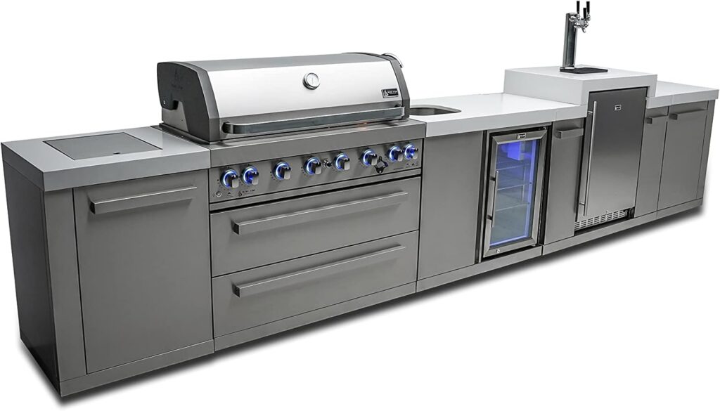 Mont Alpi MAi805-KEGBEV 44-inch 6-Burner 115000 BTU Stainless Steel Island Outdoor Kitchen Bar Gas Barbecue Island Grill Wine Cooler Beverage Center Refrigerator + 3 Beer Tap Kegerator + Faucet  Sink