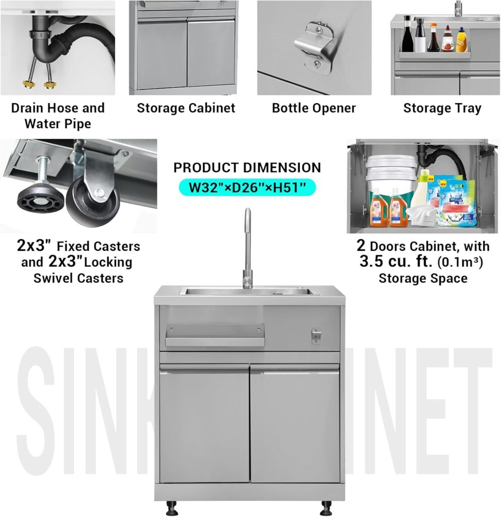 SINDA 5 Piece Outdoor Kitchen Appliances Package with 32 Inch 4-Burner Natural Gas Grill, BBQ Grill Cabinet, Refridgerator Cabinet, Single Sink Cabinet(w/Natural Gas Kit)