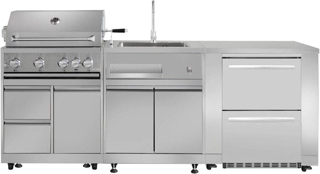 SINDA 5 Piece Outdoor Kitchen Appliances Package with 32 Inch 4-Burner Natural Gas Grill, BBQ Grill Cabinet, Refridgerator Cabinet, Single Sink Cabinet(w/Natural Gas Kit)