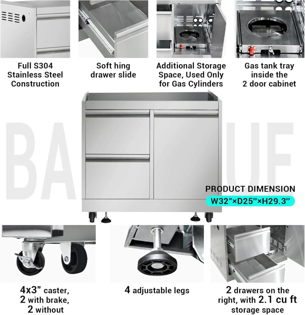 SINDA 5 Piece Outdoor Kitchen Appliances Package with 32 Inch 4-Burner Natural Gas Grill, BBQ Grill Cabinet, Refridgerator Cabinet, Single Sink Cabinet(w/Natural Gas Kit)