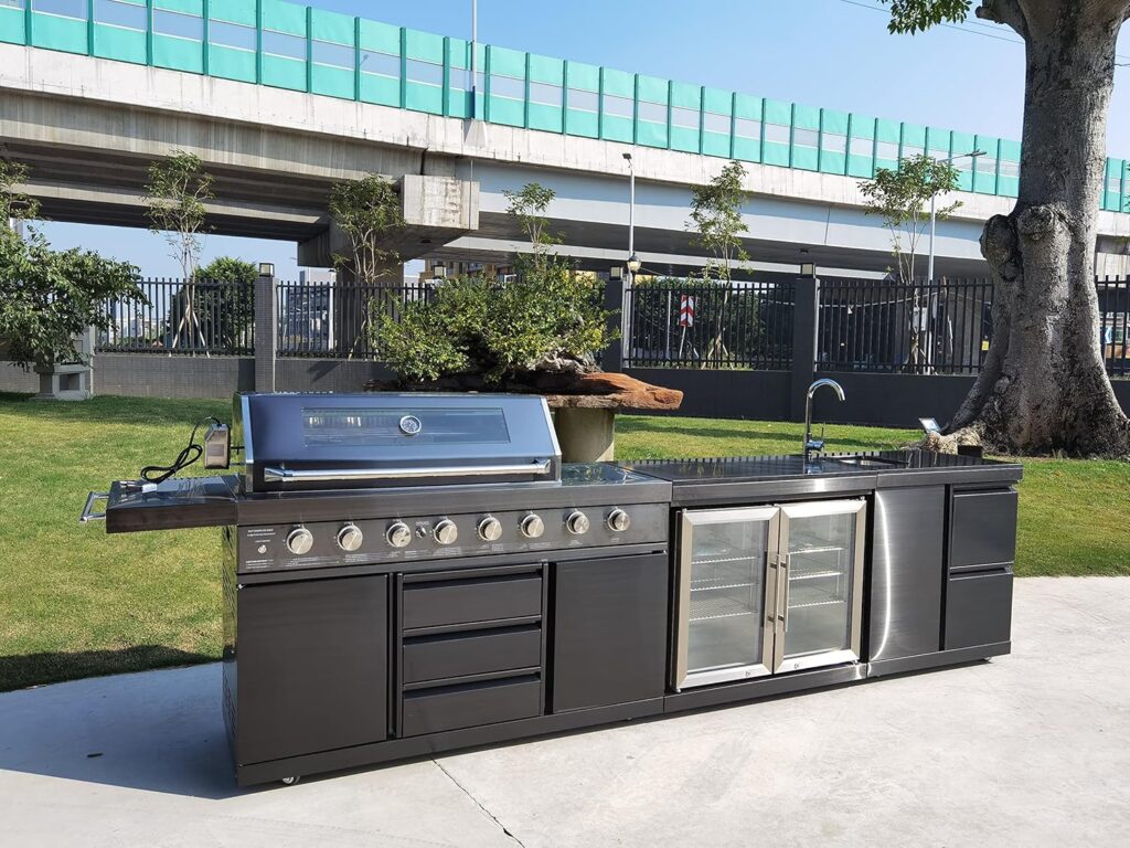 Black Stainless Steel Grill 3 Piece Outdoor Kitchen 8 Burner Grill Island Refrigerator Sink