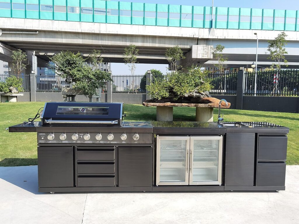 Black Stainless Steel Grill 3 Piece Outdoor Kitchen 8 Burner Grill Island Refrigerator Sink