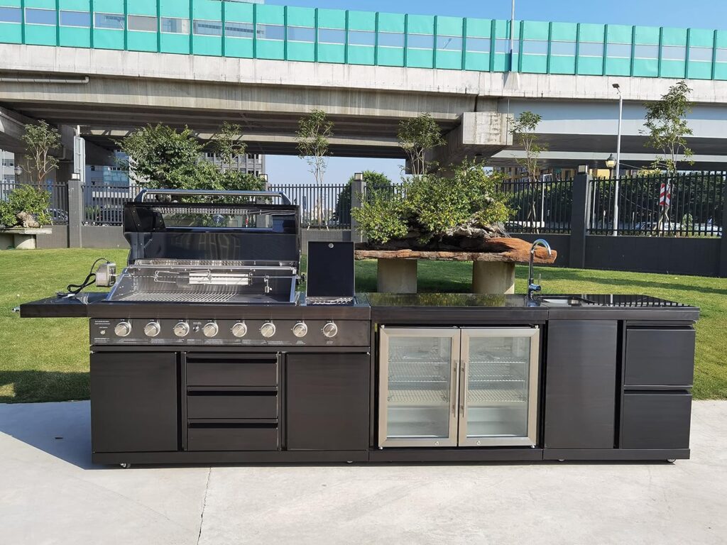 Black Stainless Steel Grill 3 Piece Outdoor Kitchen 8 Burner Grill Island Refrigerator Sink