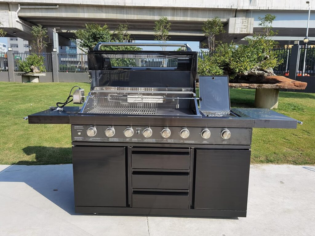 Black Stainless Steel Grill 3 Piece Outdoor Kitchen 8 Burner Grill Island Refrigerator Sink